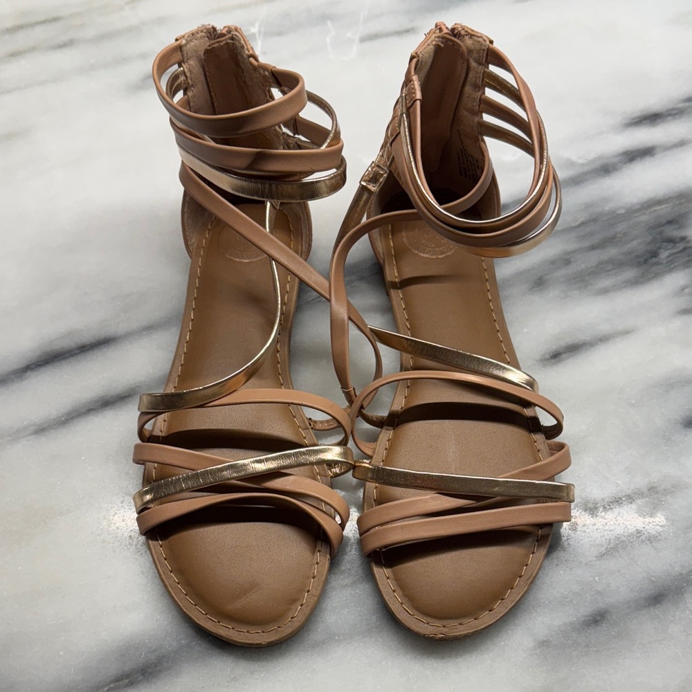 SO Tan and Gold Strappy Sandals